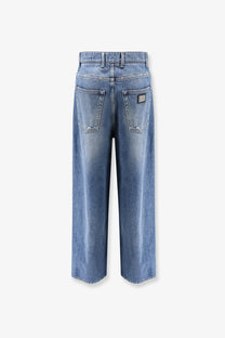 Dolce &amp; Gabbana women’s blue denim wide-leg jeans with a light wash faded blue hue and subtle distressing at pockets
