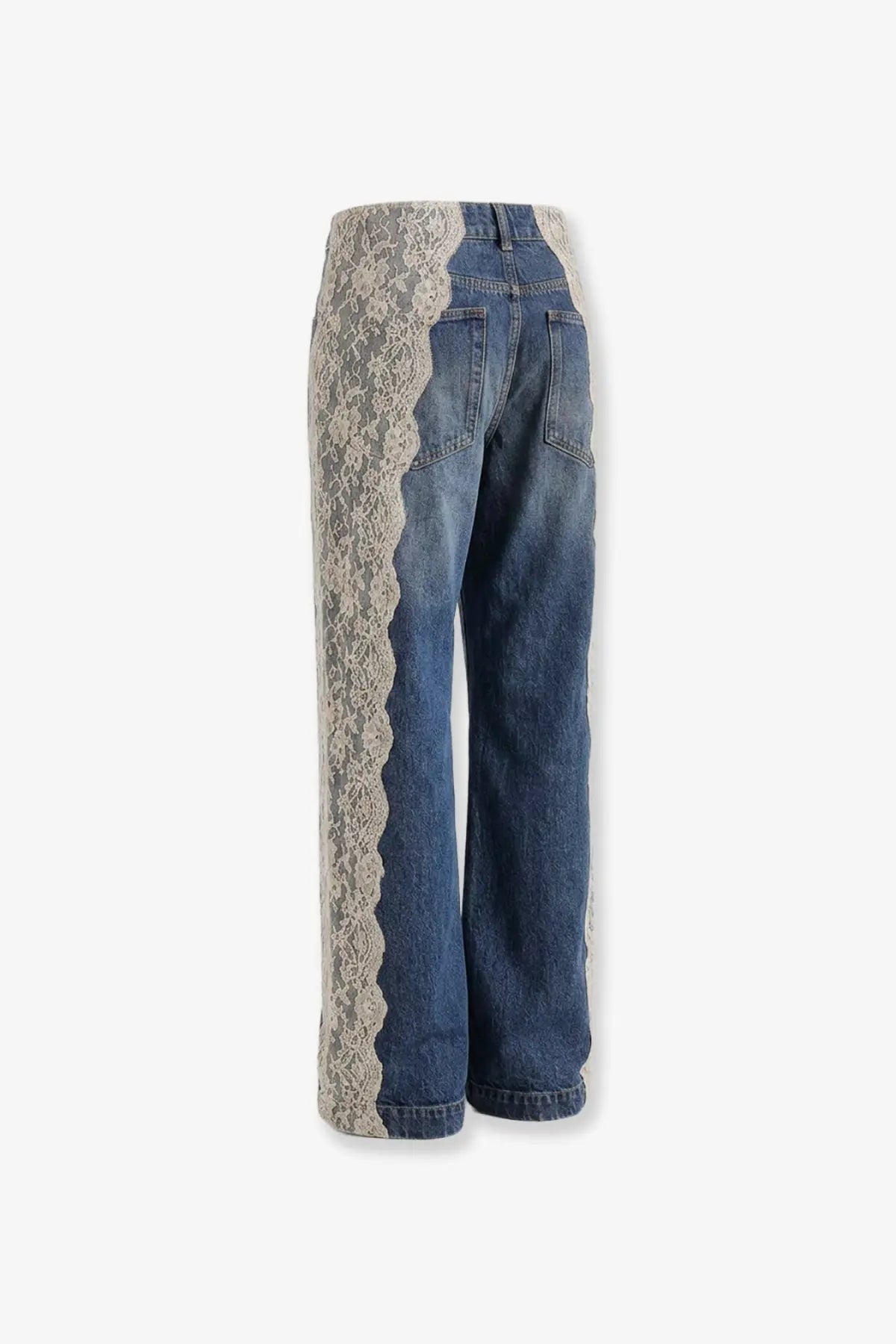 Dolce and Gabbana women’s blue wide-leg denim jeans with beige lace panel along the outer side seam