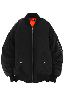 Dolce &amp; Gabbana women’s black bomber jacket with orange lining and silver zipper details in sleek design