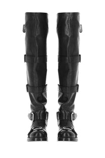 Dolce &amp; Gabbana women’s black leather knee-high boots with multiple adjustable straps and silver-toned buckles