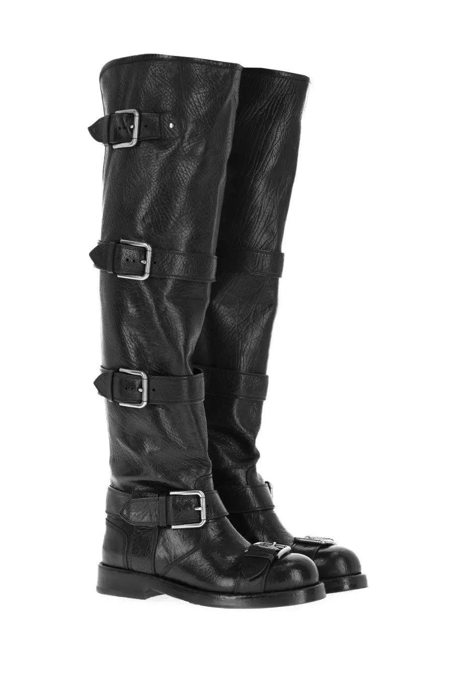 Dolce &amp; gabbana women’s black leather knee-high boots with silver buckles and chunky sole