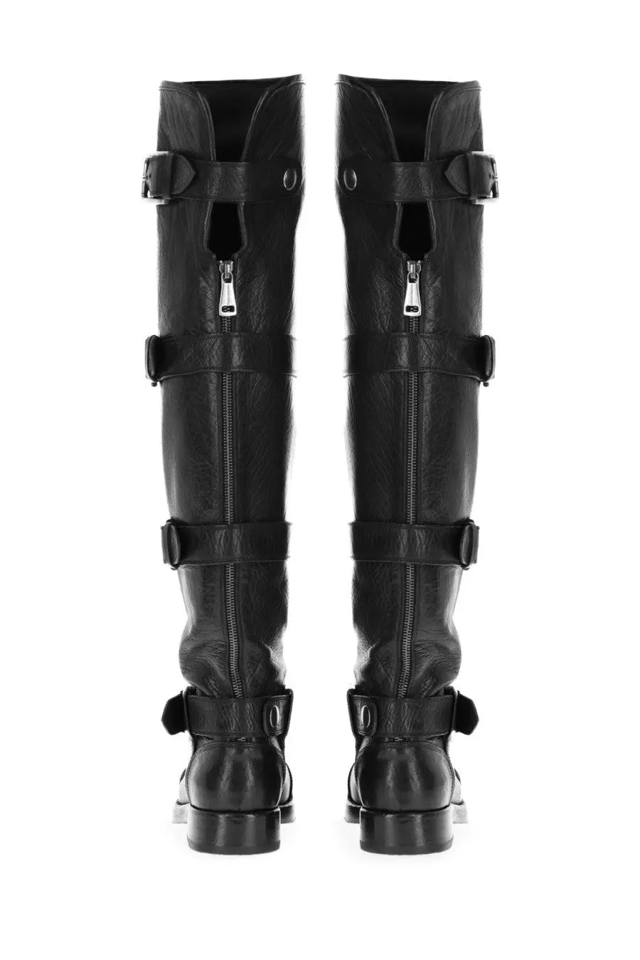 Dolce &amp; Gabbana women’s black leather knee-high boots with multiple adjustable straps and silver zippers