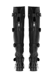 Dolce &amp; Gabbana women’s black leather knee-high boots with multiple adjustable straps and silver zippers
