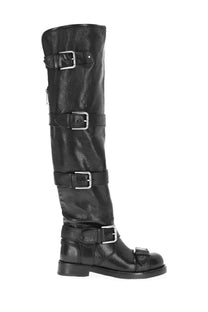 Dolce &amp; Gabbana women’s black leather knee-high boot with four silver-toned buckle straps