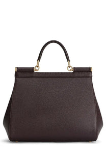 Dark brown textured leather handbag with gold-tone hardware and structured design from Dolce &amp; Gabbana Borsa Mano Sicily
