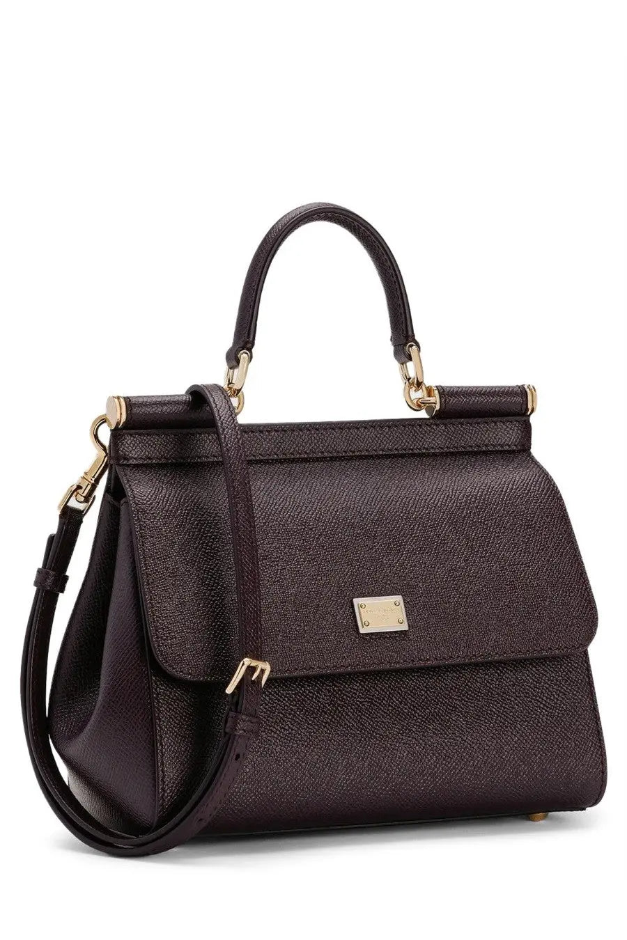 Dolce &amp; Gabbana womens borsa mano sicily medium dark purple textured leather handbag with gold-tone hardware and front plaque