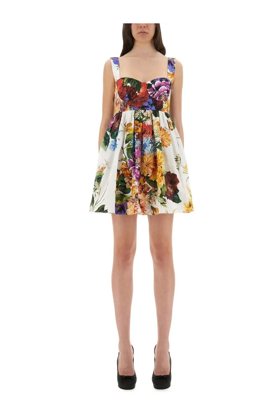 Dolce &amp; Gabbana women’s multicolor bouquet print poplin mini dress with sweetheart neckline and thin straps