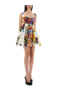 Dolce &amp; Gabbana women’s bouquet print poplin mini dress with sweetheart neckline and multicolor floral pattern on white base