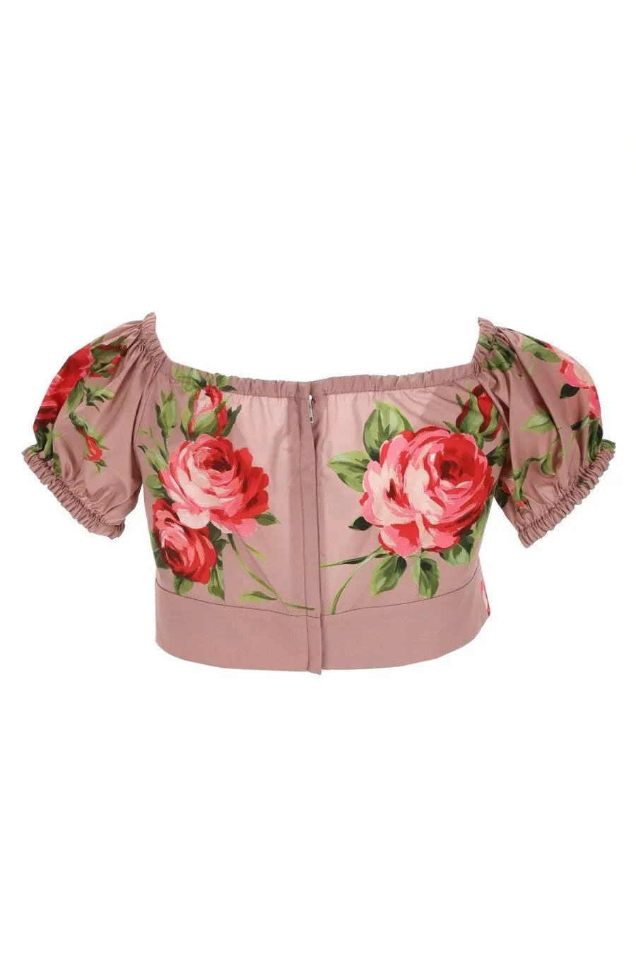 Dolce &amp; Gabbana women’s pink floral crop top with puffed sleeves and central zipper featuring rose print
