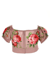 Dolce &amp; Gabbana women’s pink floral crop top with puffed sleeves and central zipper featuring rose print