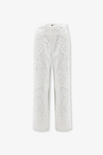 Dolce and gabbana women’s boyfriend blue denim trousers with intricate raised skull and floral embroidery along legs