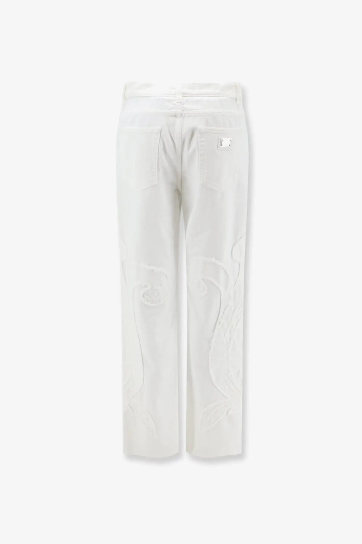 Dolce &amp; Gabbana women’s white denim trousers with subtle raised swirling embroidery along the outer legs
