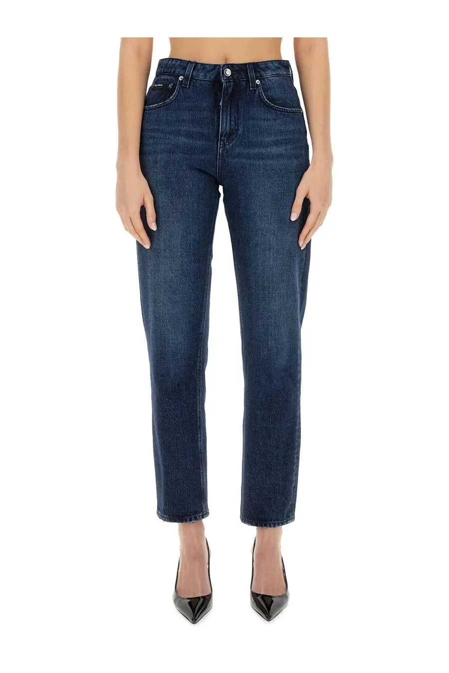 Dolce &amp; Gabbana women’s dark blue denim boyfriend jeans with a high-rise waist and straight-leg cut