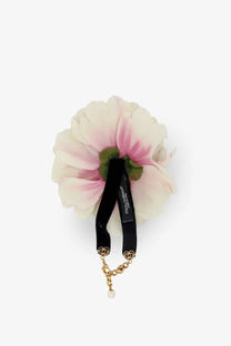 Dolce &amp; Gabbana women’s white bracelet with pink and white peony flower, black ribbon strap, gold chain, and pearl drop