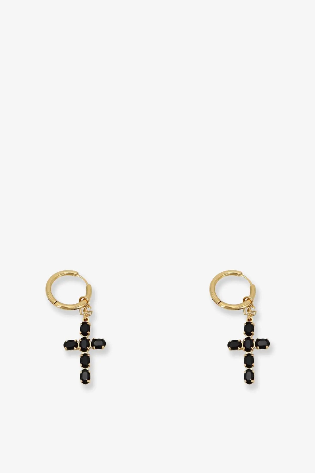 Gold-toned brass hoop earrings by dolce &amp; gabbana with dangling black oval gemstone crosses for women