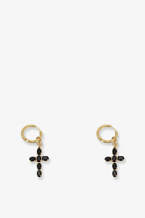 Gold-toned brass hoop earrings by dolce &amp; gabbana with dangling black oval gemstone crosses for women