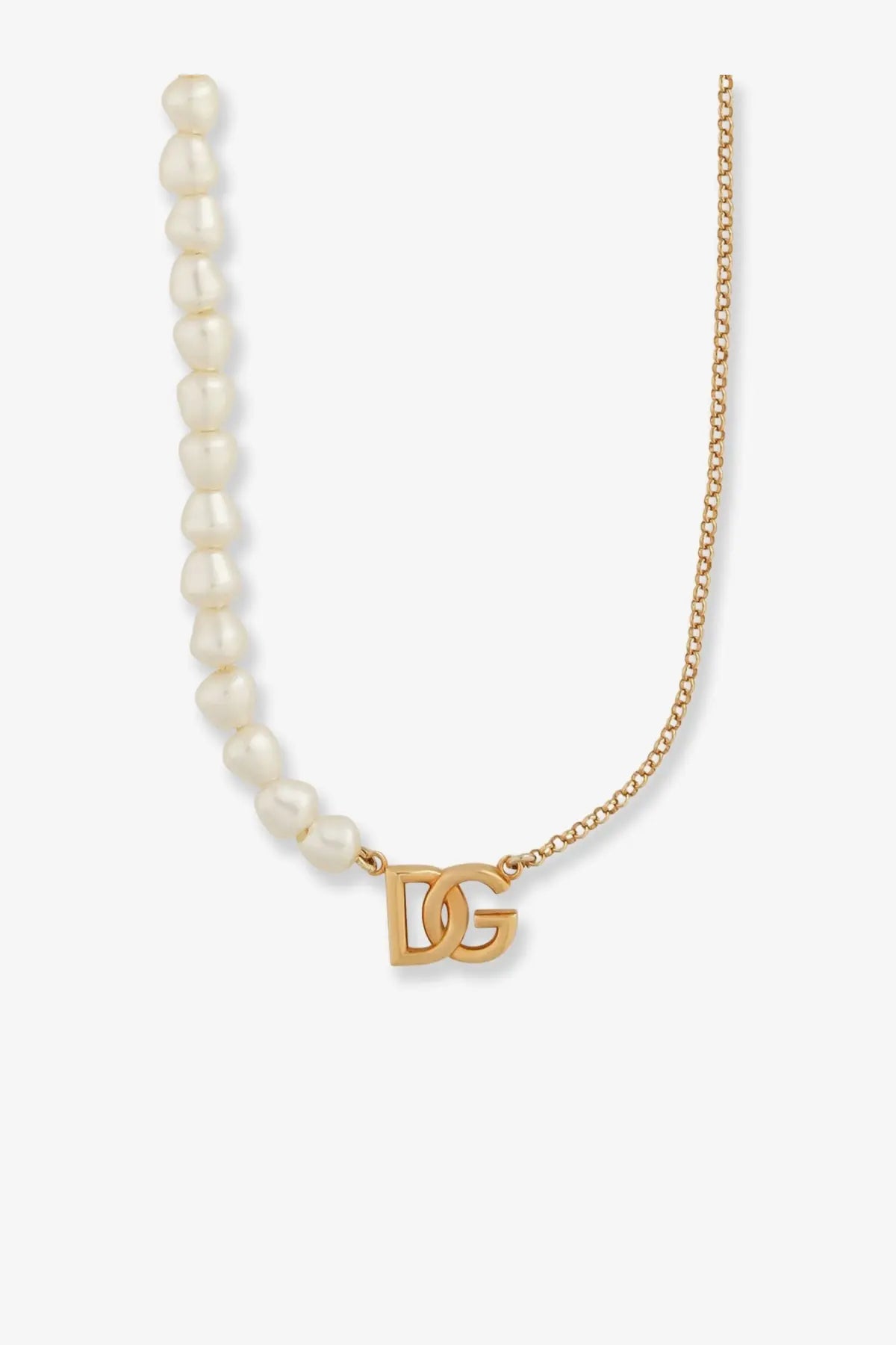 Dolce &amp; Gabbana women’s gold brass necklace with delicate chain, creamy white pearls, and prominent dg logo pendant