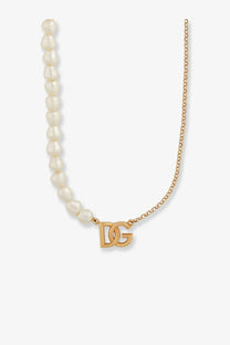 Dolce &amp; Gabbana women’s gold brass necklace with delicate chain, creamy white pearls, and prominent dg logo pendant