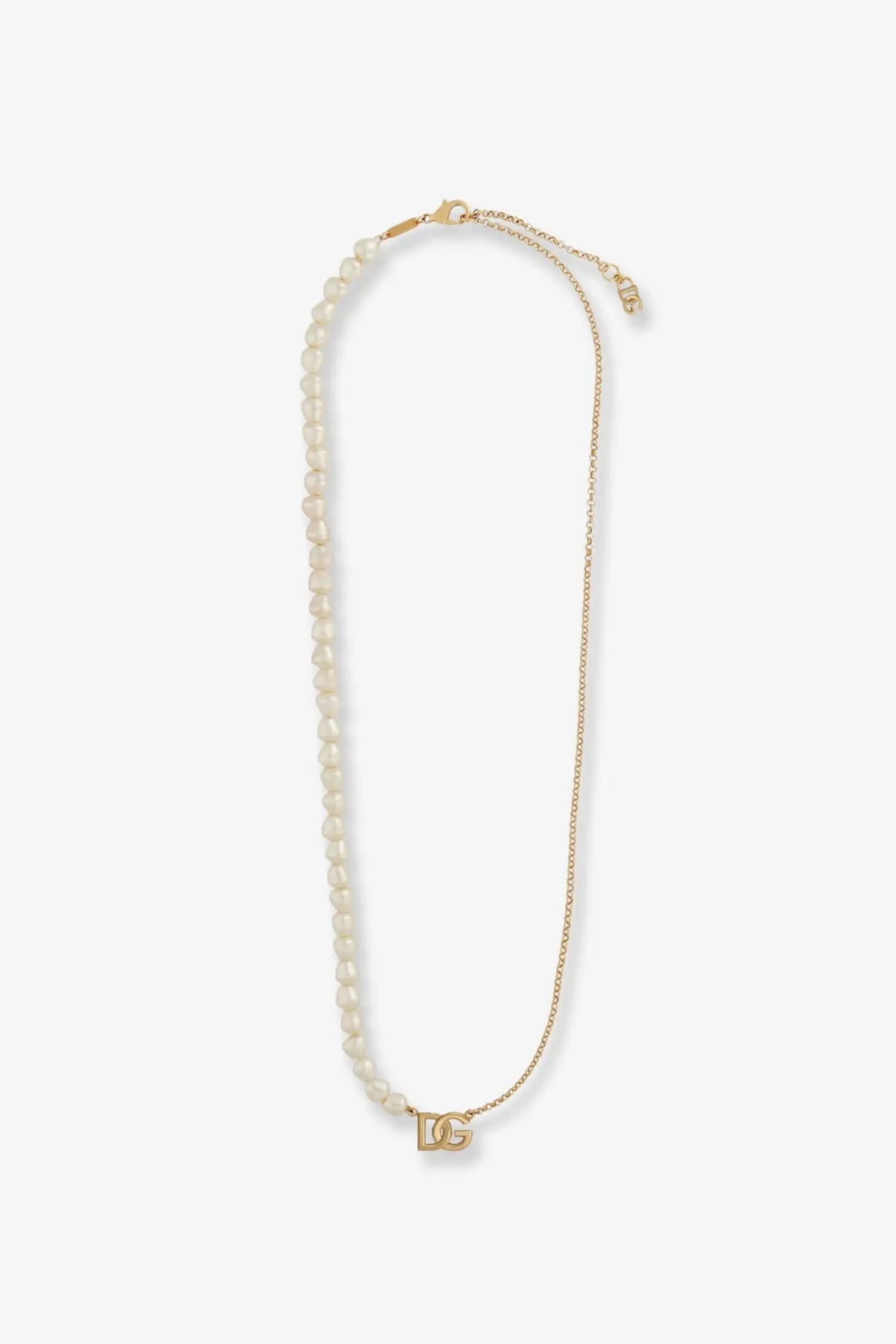 Dolce &amp; Gabbana women’s gold-tone brass necklace with creamy white pearls and small dg logo pendant
