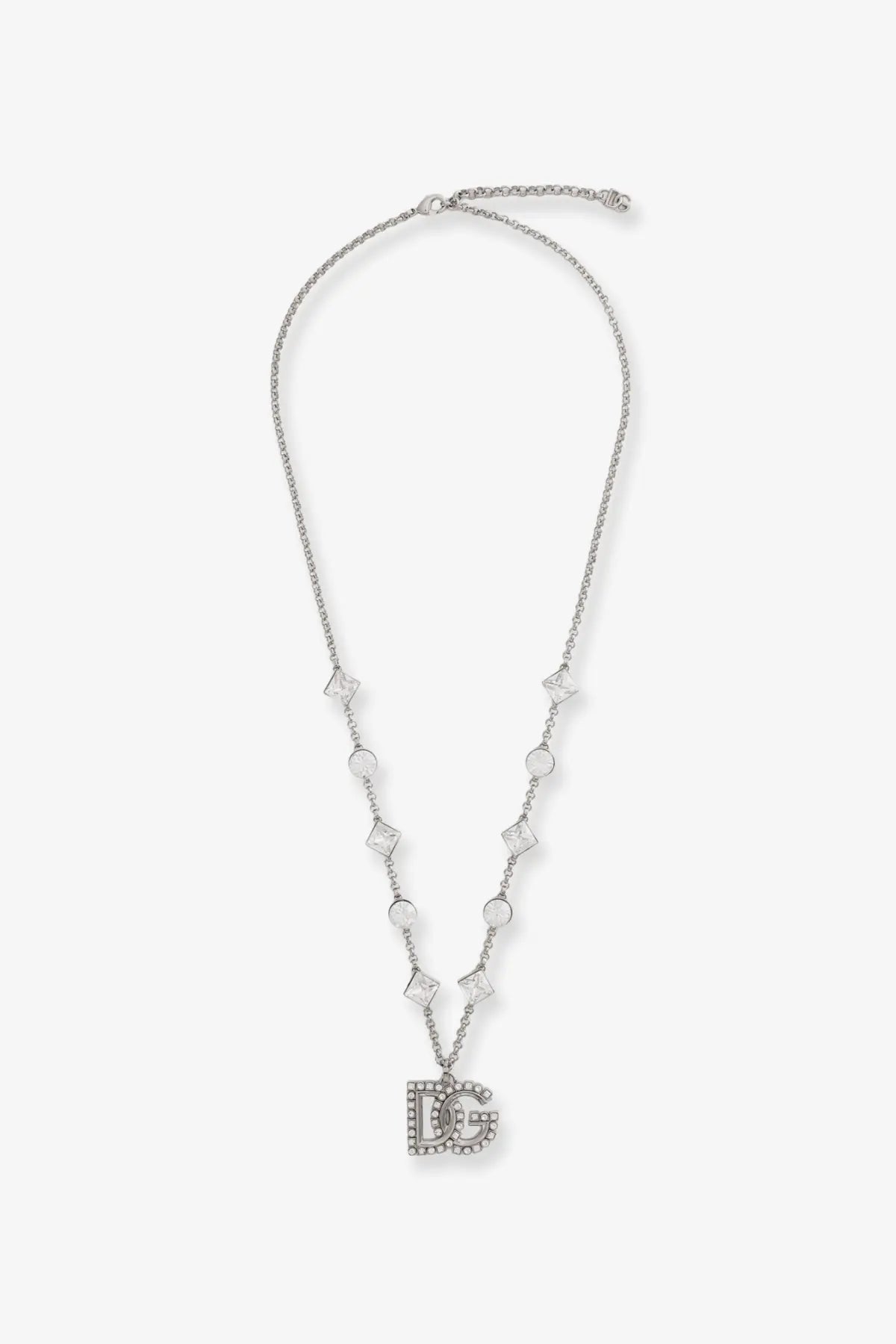 Silver brass necklace for women by Dolce &amp; Gabbana featuring a central dg pendant adorned with sparkling crystals