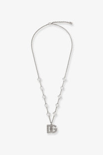 Silver brass necklace for women by Dolce &amp; Gabbana featuring a central dg pendant adorned with sparkling crystals