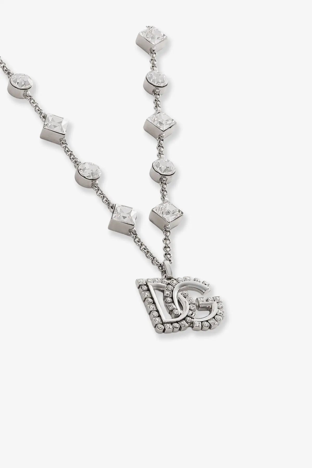Silver dolce and gabbana women’s brass necklace with d&amp;g logo pendant and cubic zirconia stones on square chain