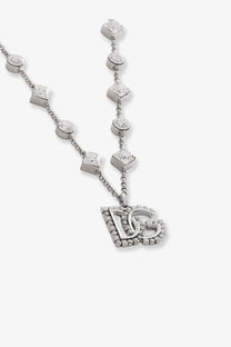 Silver dolce and gabbana women’s brass necklace with d&amp;g logo pendant and cubic zirconia stones on square chain