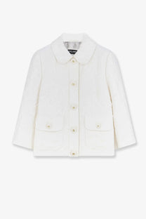 White dolce and gabbana children’s coat with classic collar and matching buttons in brocade material