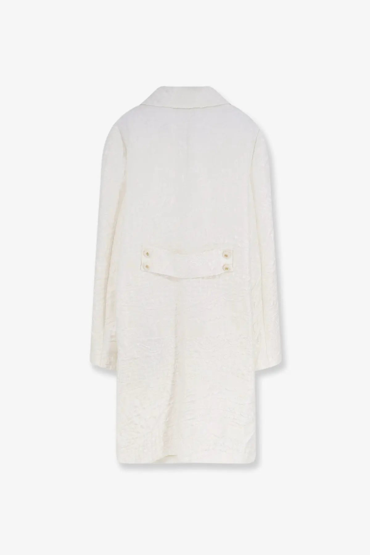 Back view of a cream-colored dolce and gabbana women’s brocade wool coat with textured fabric and gold buttons at the waist
