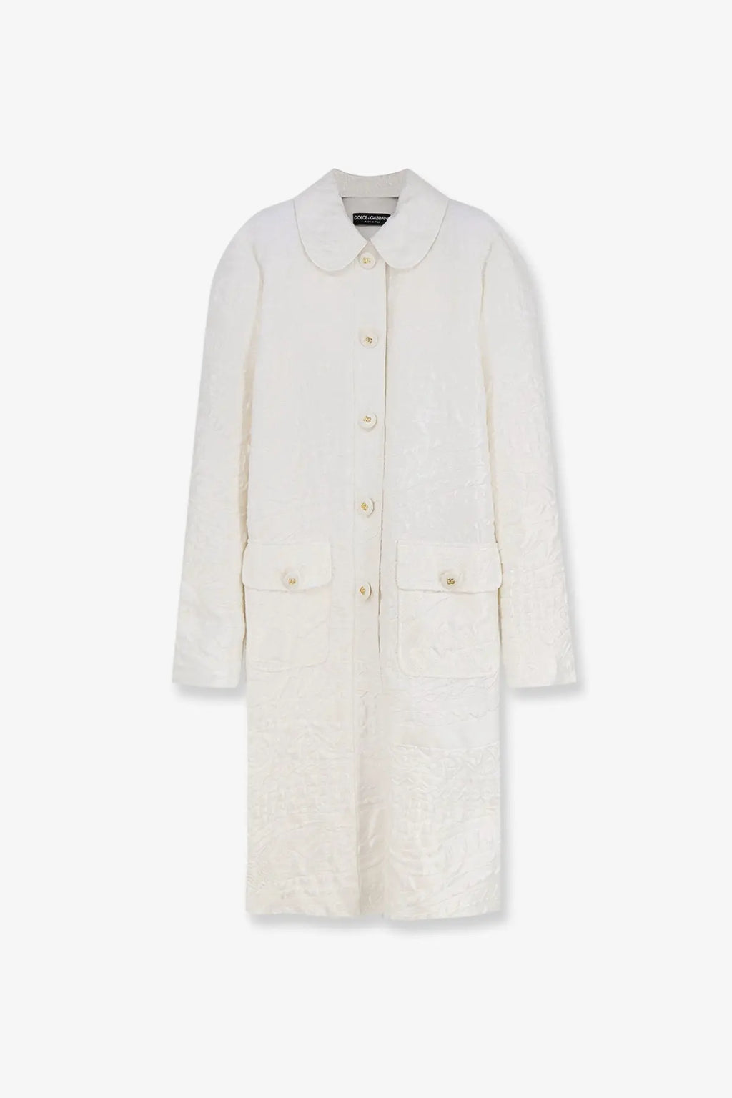 Dolce &amp; Gabbana women’s brocade coat in cream textured wool with classic collar and matching buttons