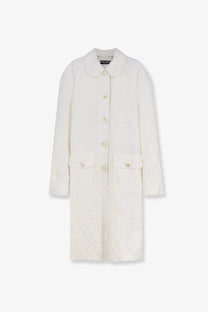 Dolce &amp; Gabbana women’s brocade coat in cream textured wool with classic collar and matching buttons