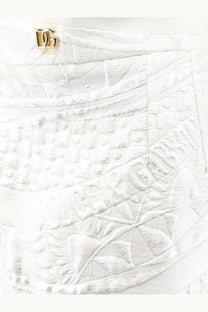 Dolce &amp; Gabbana women’s white brocade skirt with textured fabric embroidered patterns and gold-tone dg logo pin