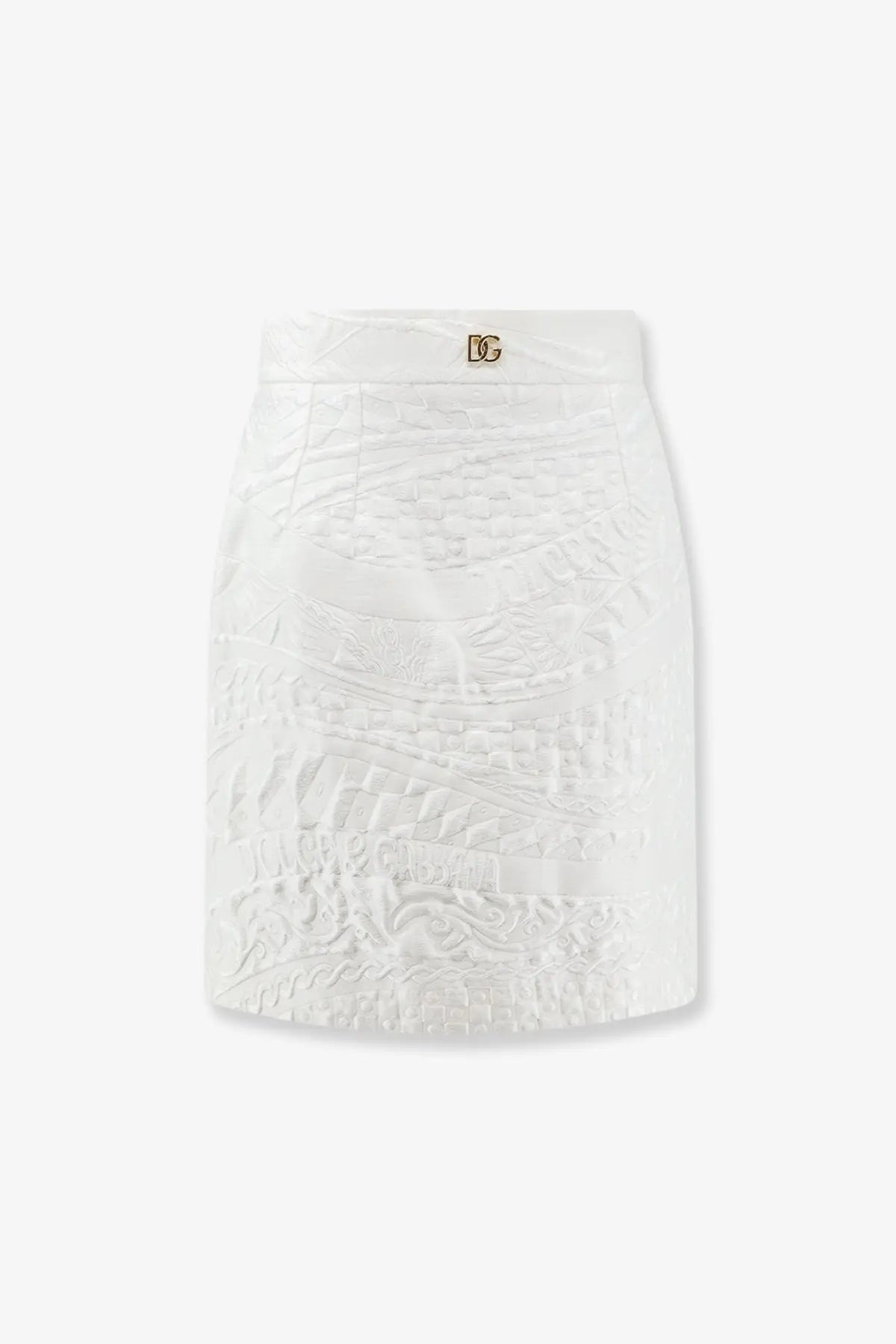 Dolce &amp; Gabbana women’s white textured mini brocade skirt with embossed crocodile pattern and gold-tone dg logo waistband