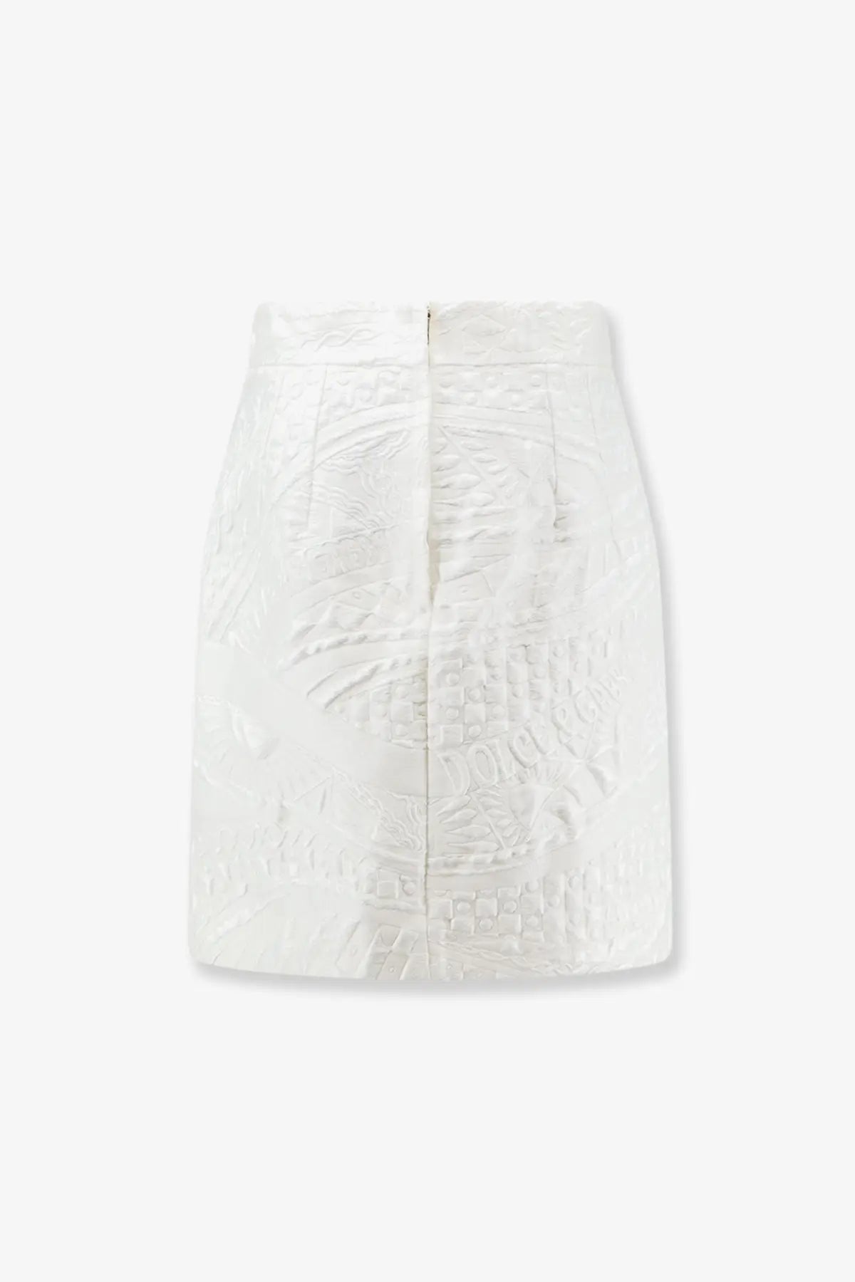 Dolce &amp; Gabbana women’s white brocade mini skirt featuring intricate embossed texture and detailed pattern
