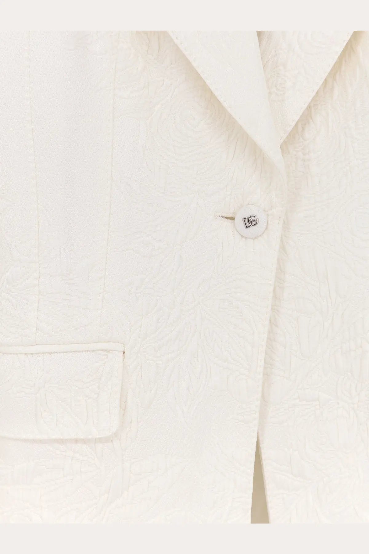 Dolce &amp; Gabbana women’s white brocade Turlington blazer with subtle embossed pattern and logo button closure