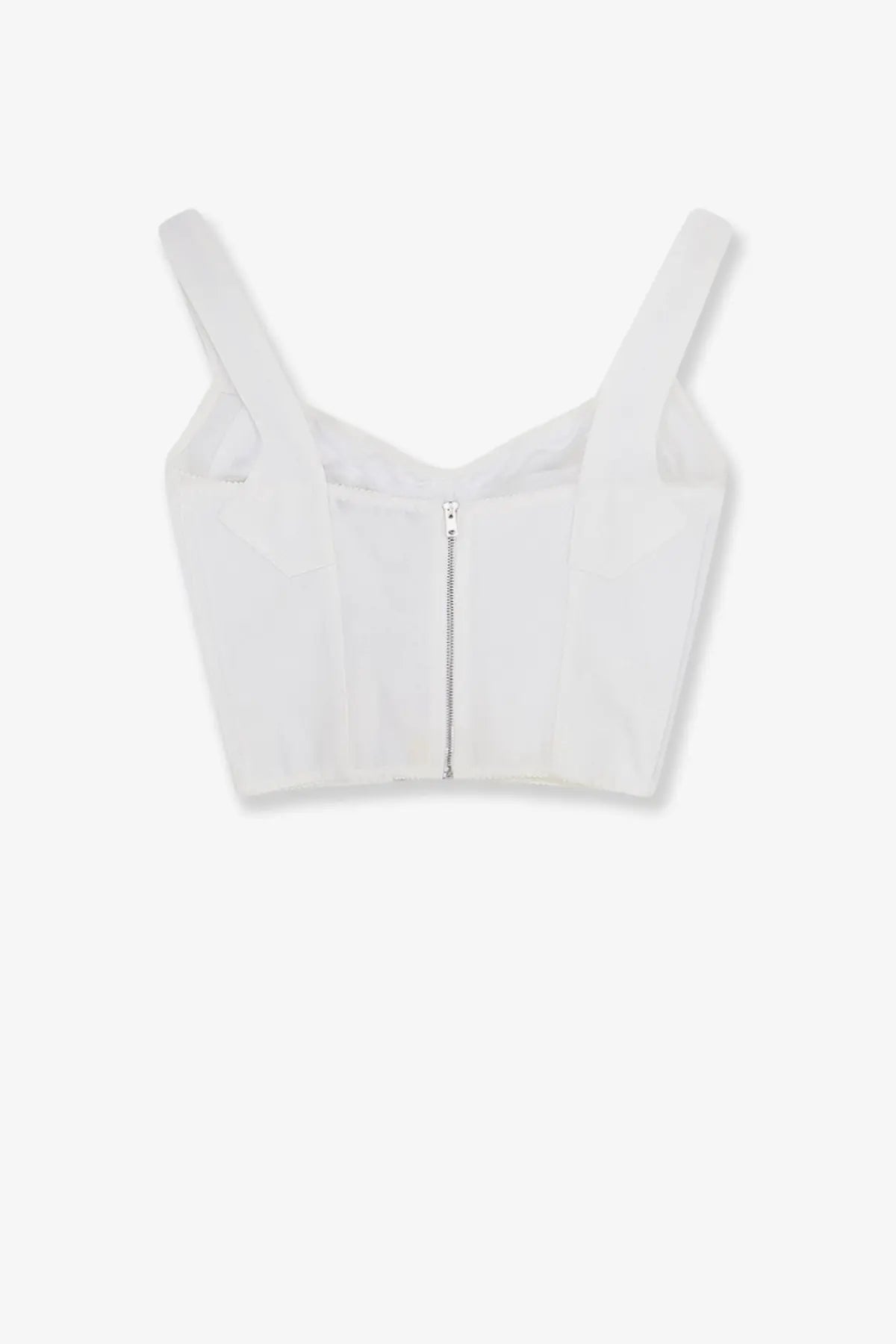 Dolce &amp; Gabbana women’s white bustier crop top with thin straps and central silver zipper in corset style