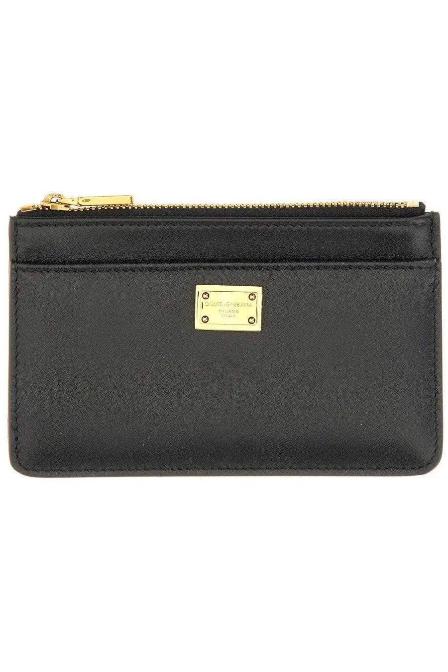 Dolce &amp; Gabbana women’s black calfskin plongé card holder with gold-tone hardware and zippered compartment