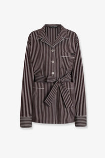 Dolce &amp; Gabbana women’s camicia pigiama vanity dark brown and white striped button-up popeline pajama top with belt