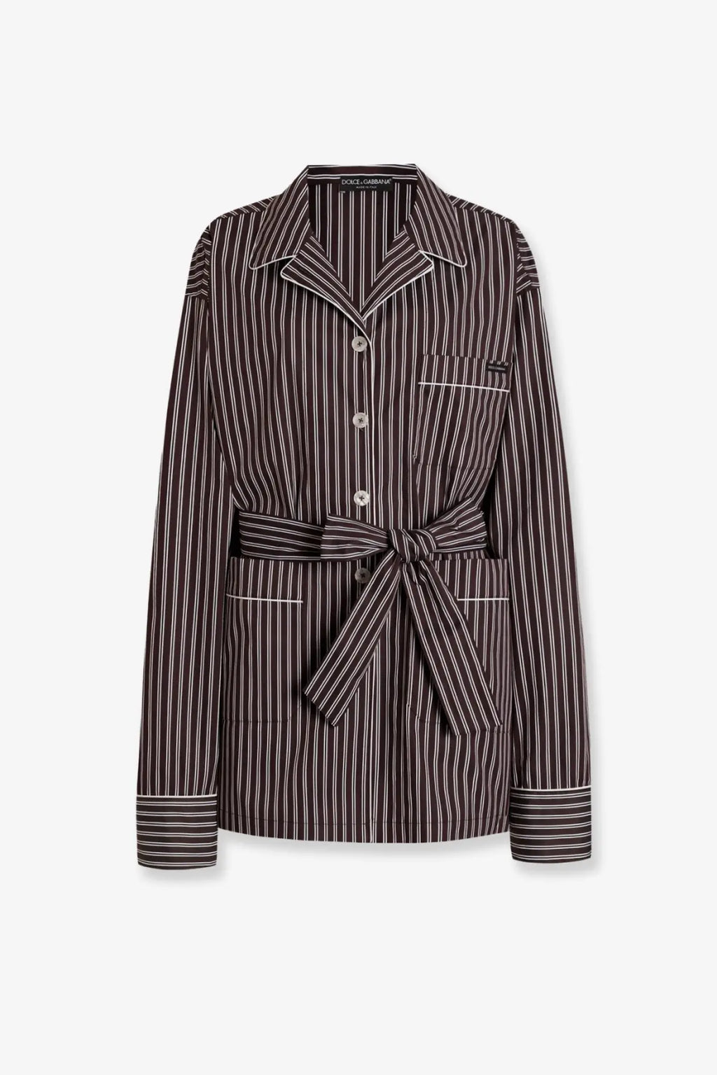 Dolce &amp; Gabbana women’s camicia pigiama vanity dark brown and white striped cotton popeline button-up pajama top with belt