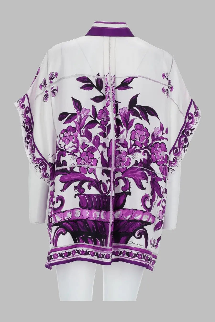 Dolce &amp; Gabbana women’s white silk kimono top with purple floral ornamental pattern and matching purple collar