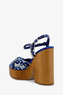 Dolce &amp; Gabbana women’s blue and white floral canvas platform sandals with wooden block heel