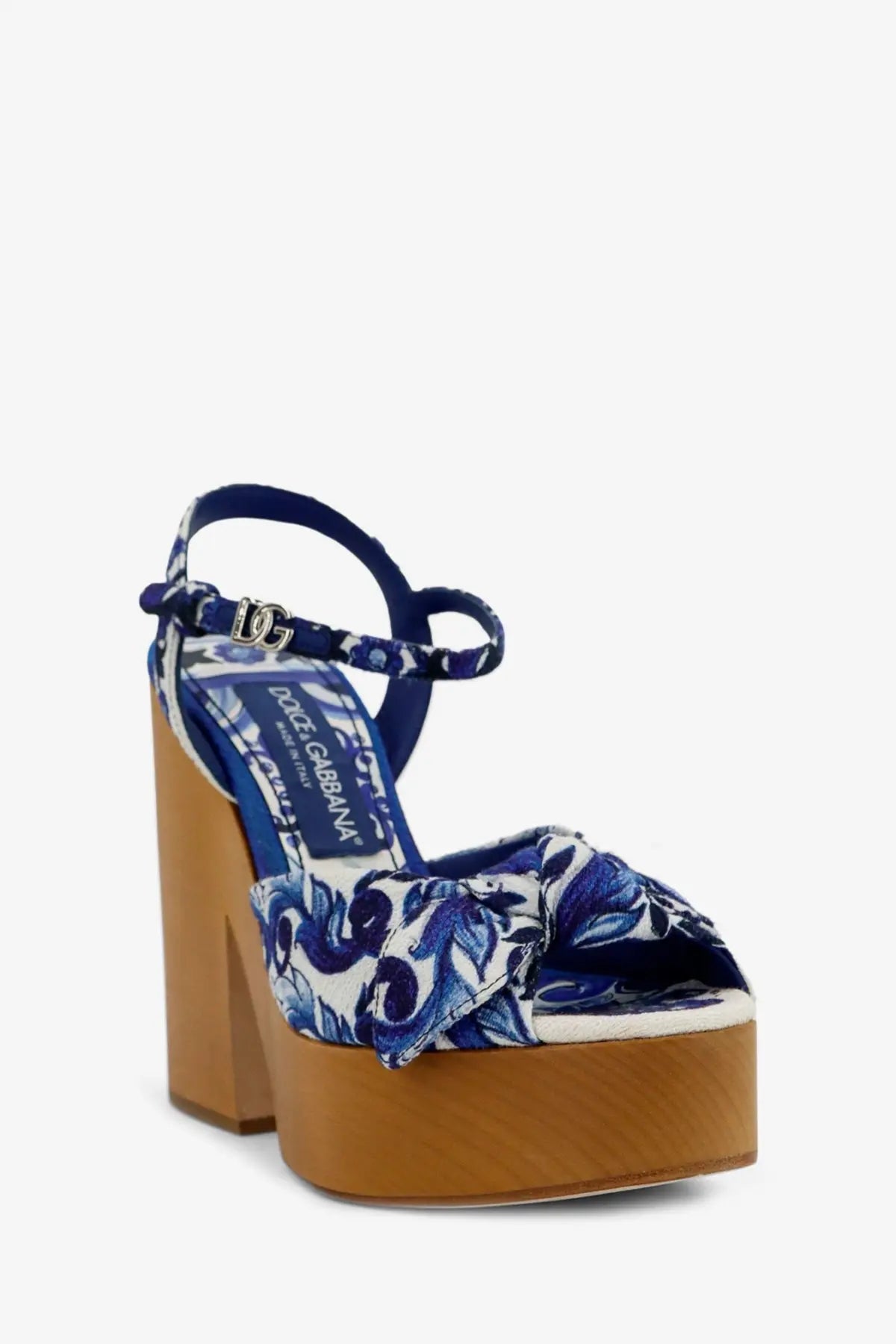 Dolce &amp; Gabbana women’s blue and white patterned canvas platform sandal with wooden heel and ankle strap
