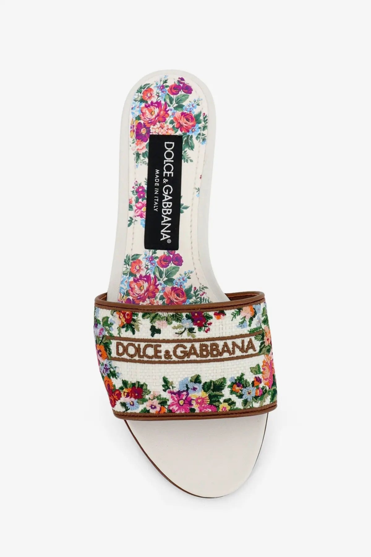 Dolce &amp; Gabbana women’s canvas sandals gold floral slide with white leather sole and brown trim