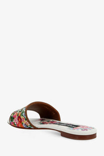 Dolce &amp; gabbana women’s canvas slide sandal with floral pattern brown leather strap and white sole gold accents