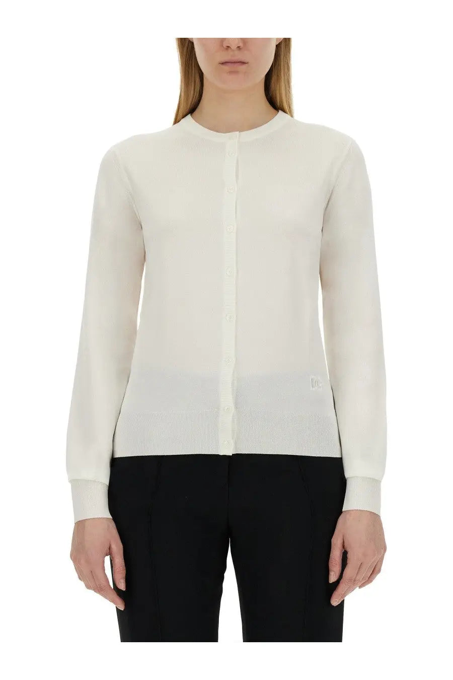 Dolce &amp; Gabbana women’s off-white knit cardigan with subtle ribbed texture and small brand logo on lower left side