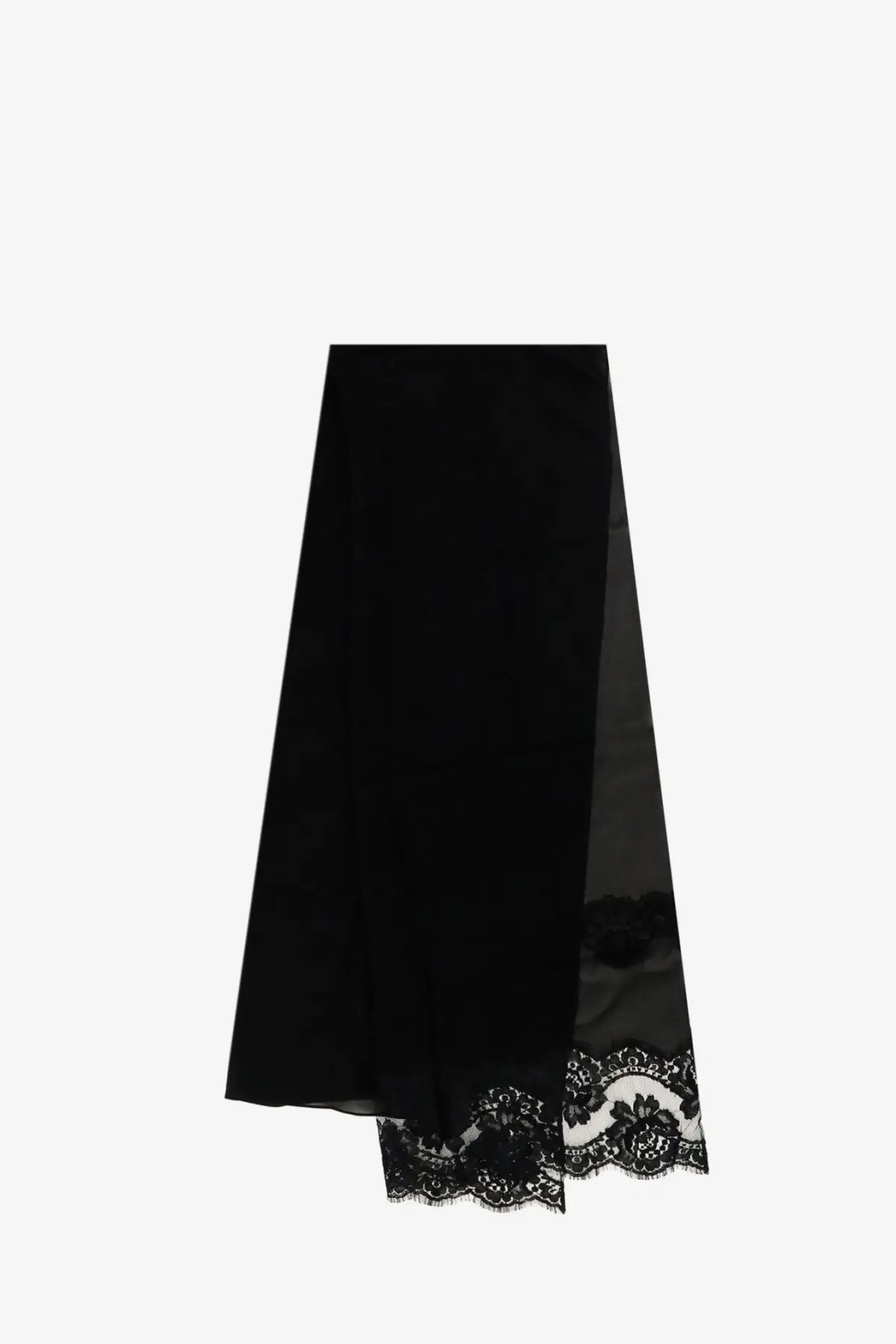 Black lace-trimmed midi skirt with sheer panels and flowing silhouette paired with dolce and gabbana black silk and cotton scarf