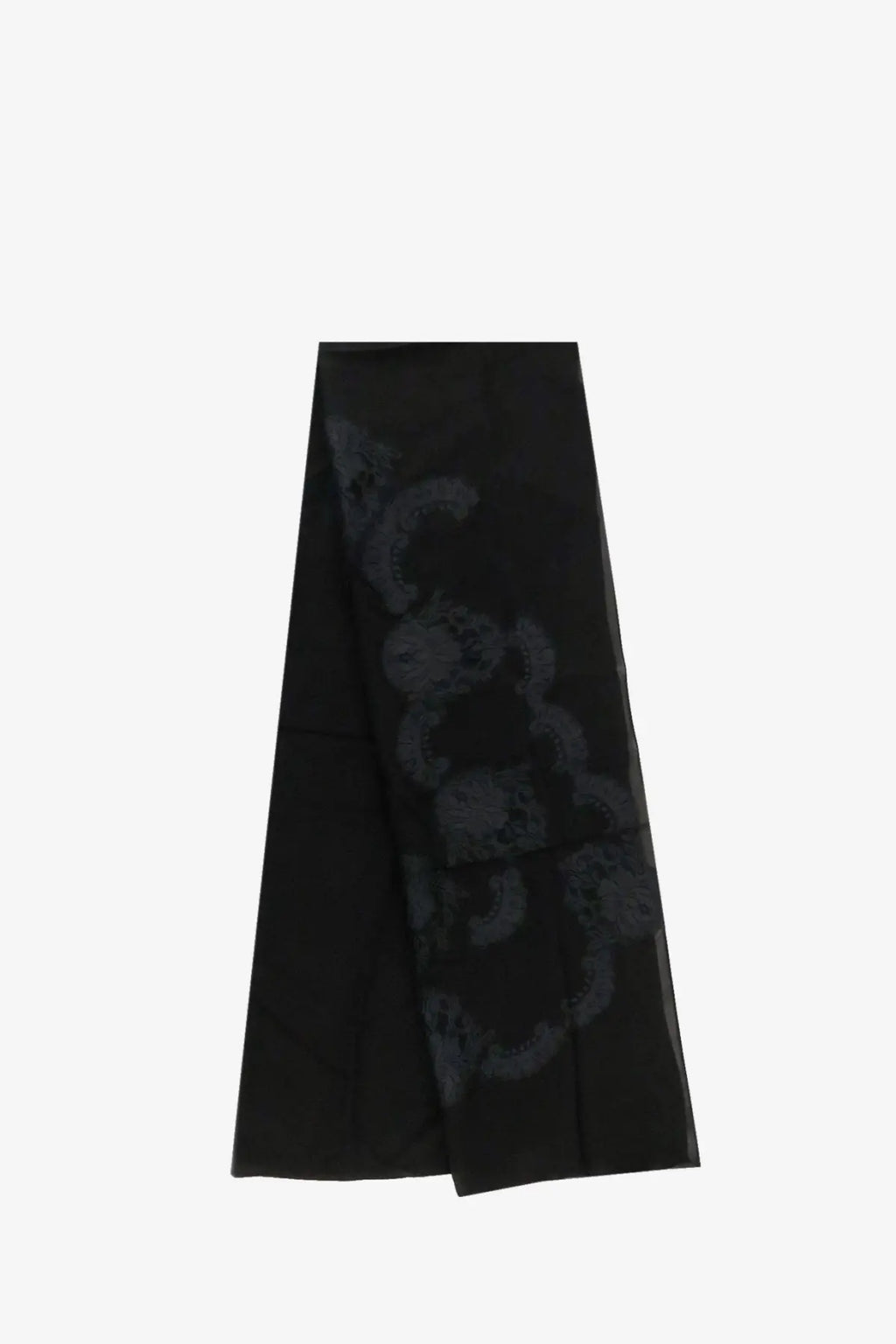 Dolce &amp; gabbana women’s chador silk scarf black with a black satin skirt featuring dark gray and teal abstract pattern