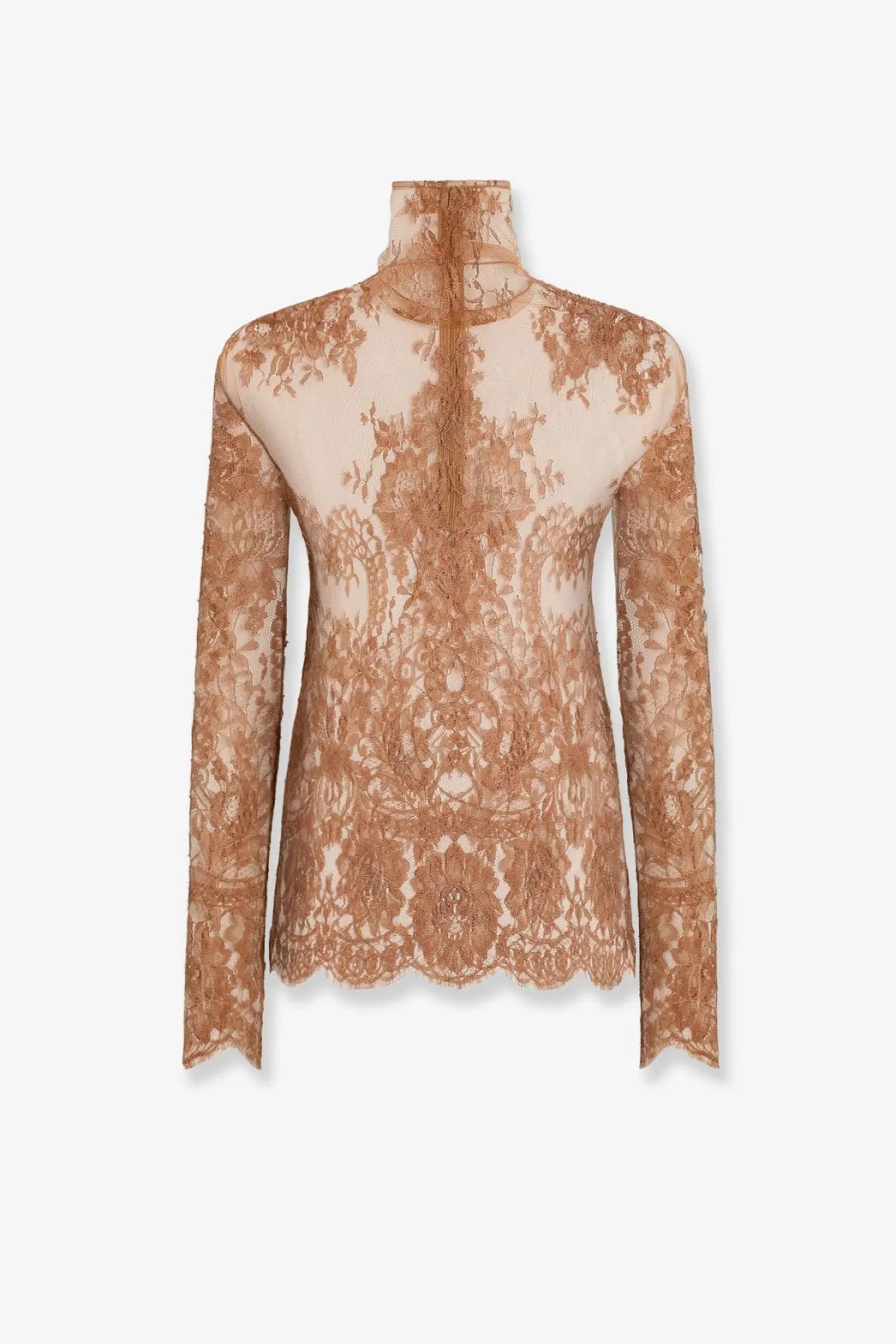 Dolce and gabbana women’s chantilly lace shirt in soft taupe with long sleeves intricate floral lace and scalloped hem