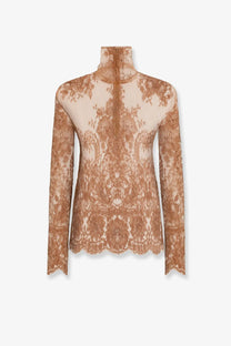 Dolce and gabbana women’s chantilly lace shirt in soft taupe with long sleeves intricate floral lace and scalloped hem