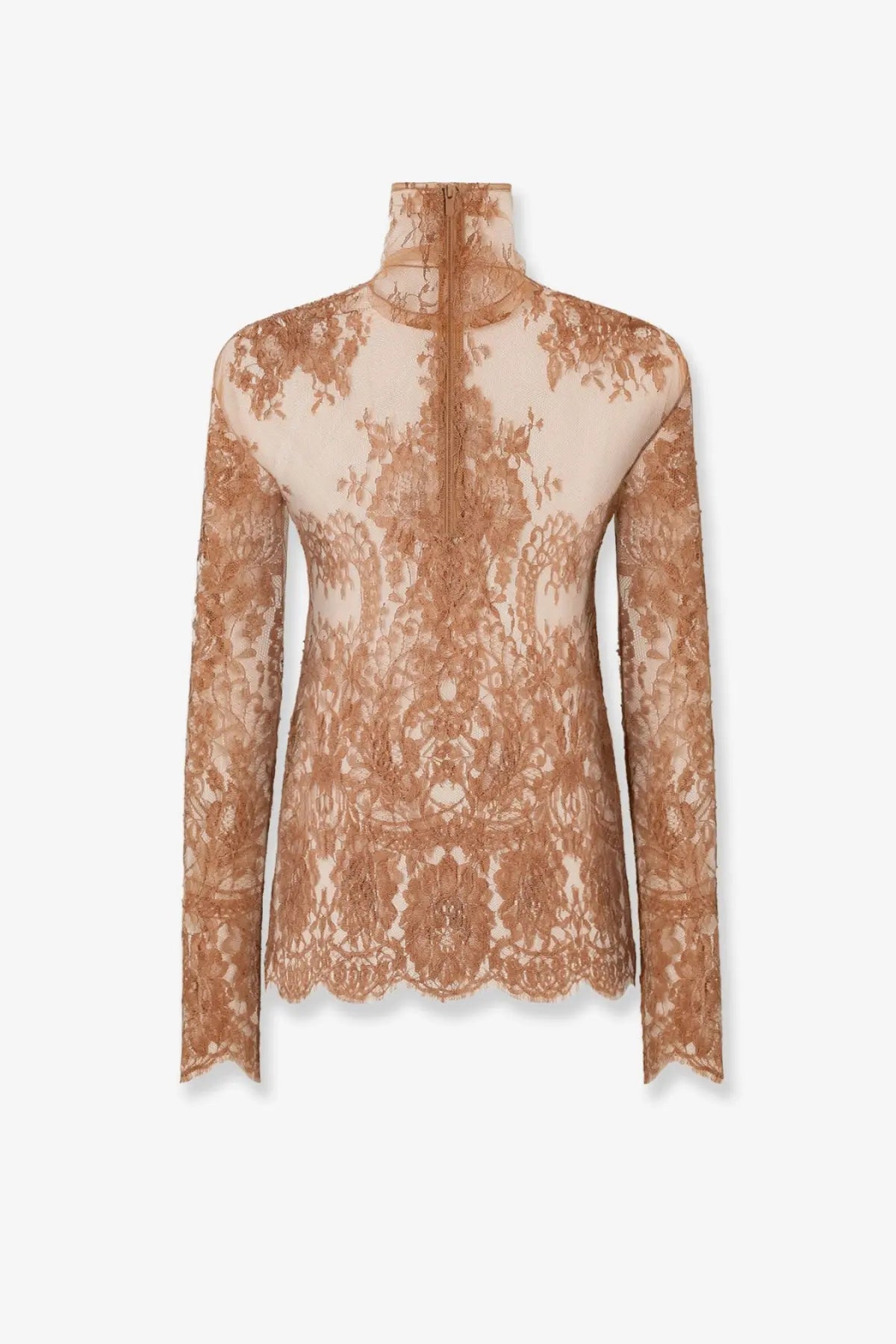 Dolce &amp; Gabbana women’s long-sleeved chantilly lace shirt in soft beige with intricate brown lace and high neckline
